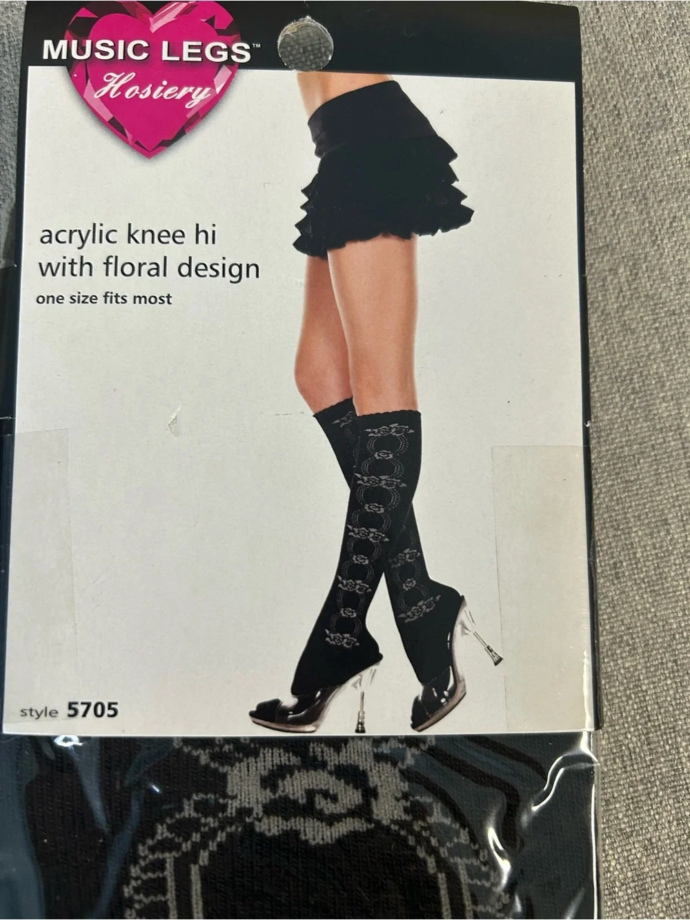 Music Legs Black Acrylic Knee Highs with Floral Design